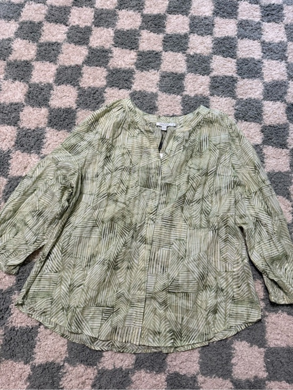 Chico’s nwt salted lime lurex stripe cotton blouse hidden button down billow 16